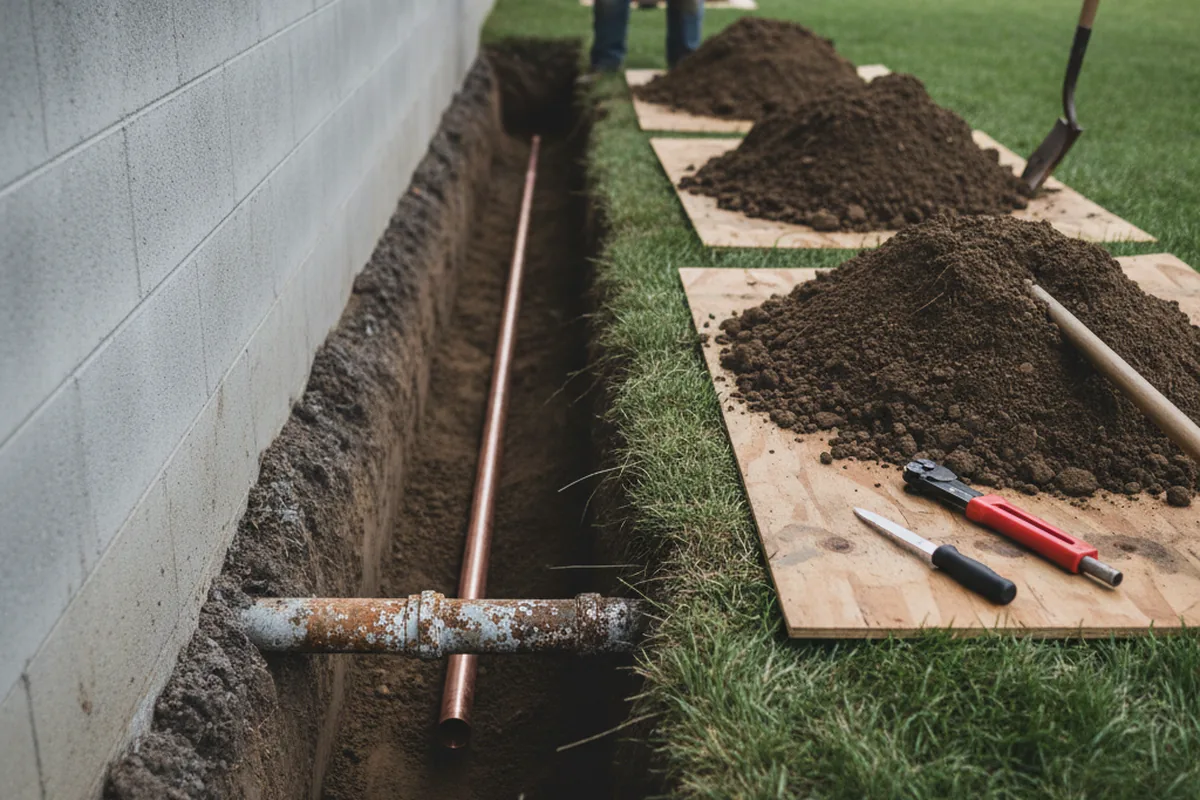 Excavated water line trench during Water Heater Repair in New Freeport